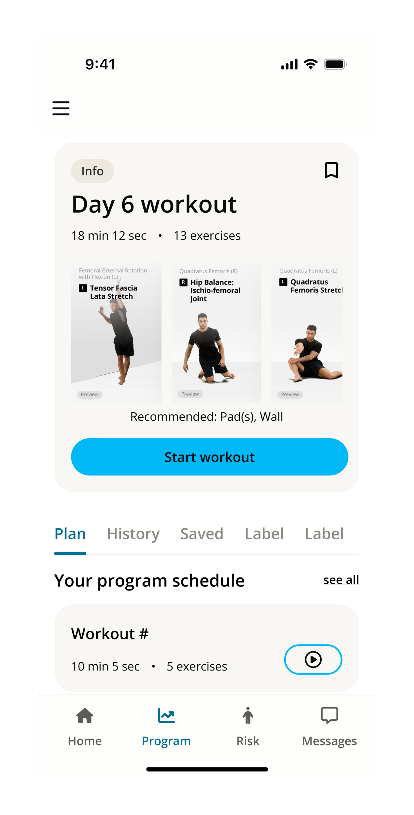Early feature-heavy program exploration with workout card, tabs, schedule, and saved state
