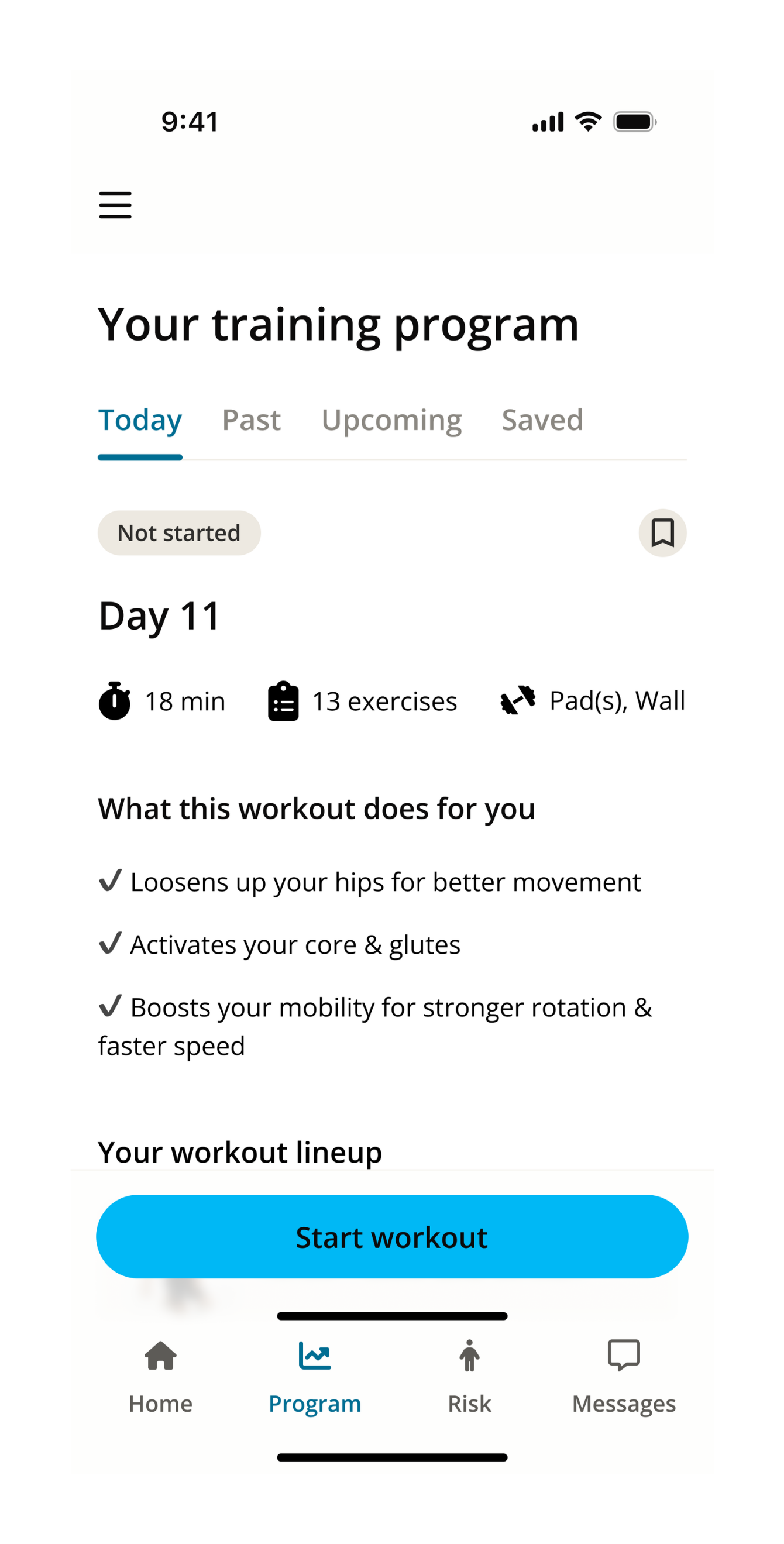 Early structure-first program page exploration with tabs and workout benefits