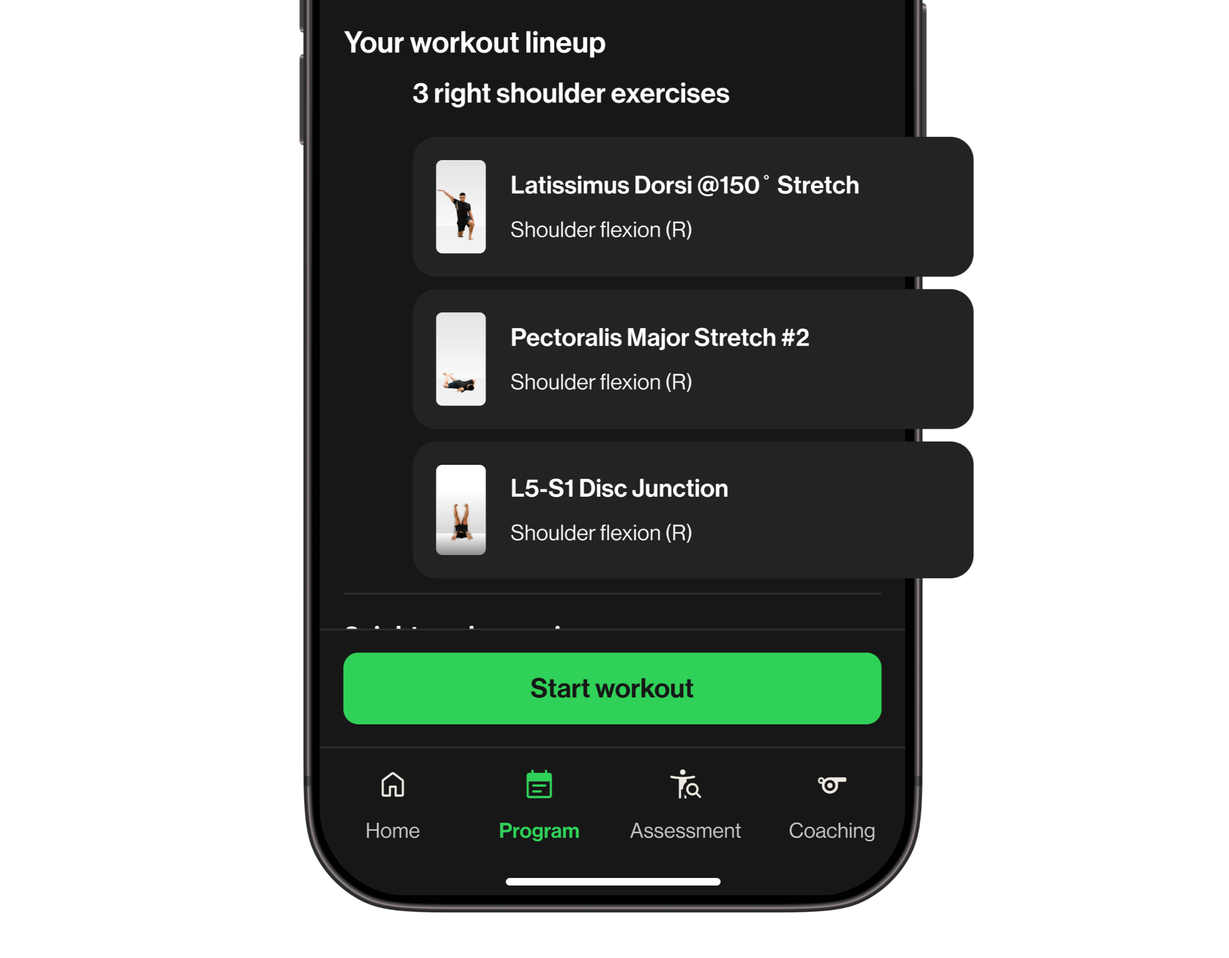 Workout grouped by body area showing structured exercise list