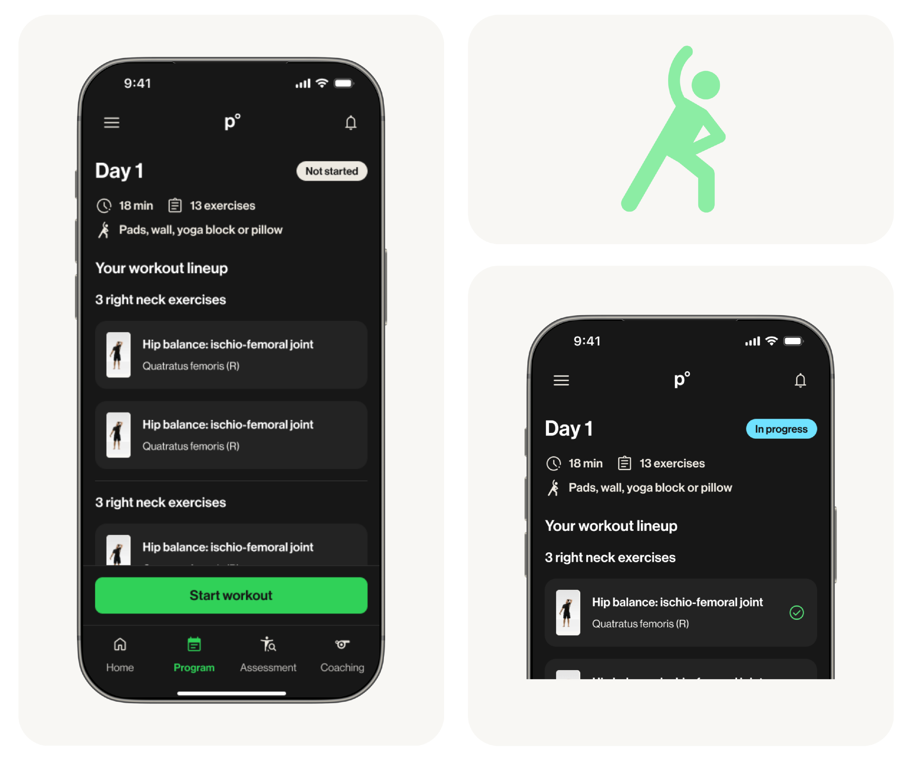 pMotion Exercise List - Before and after redesign showing improved exercise program interface
